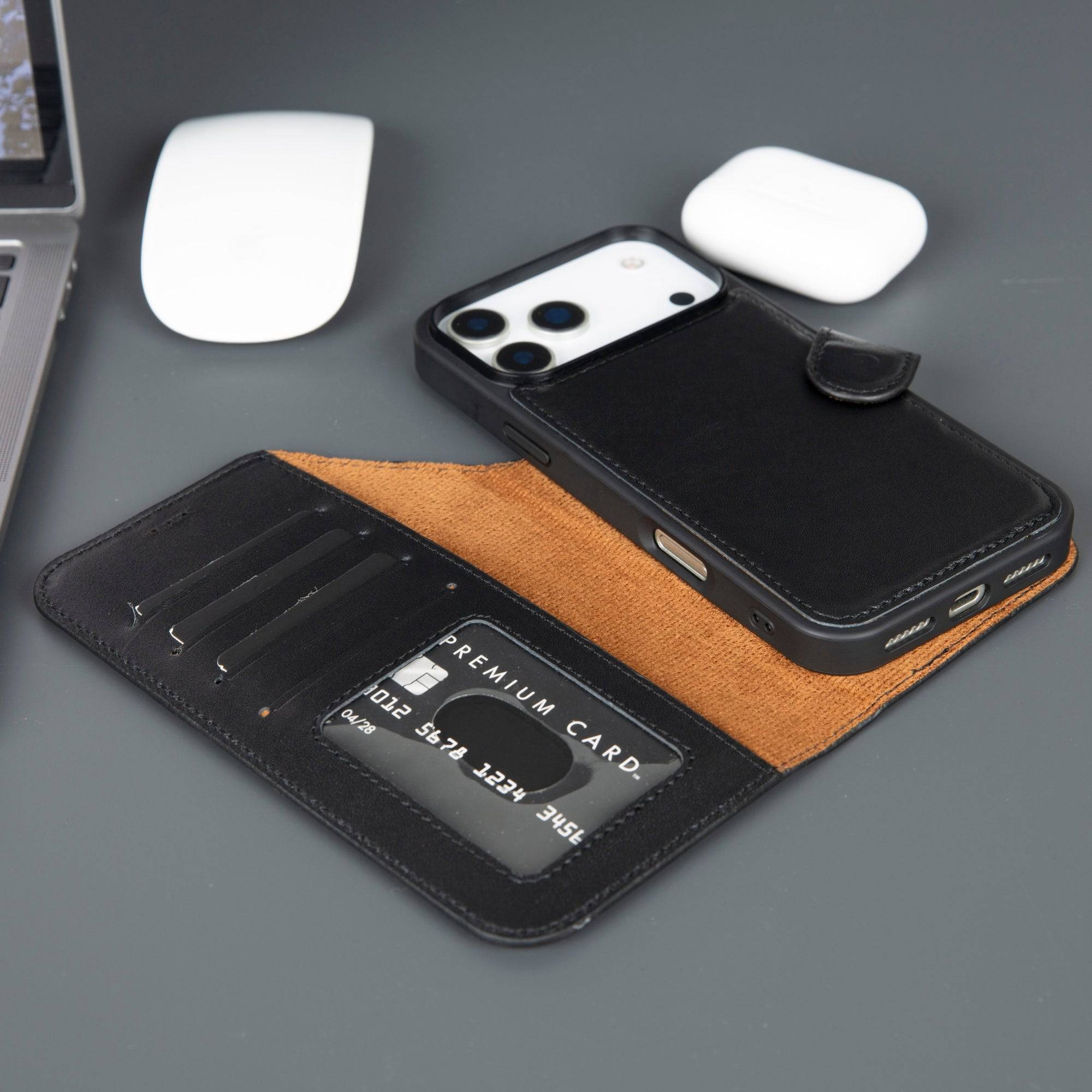 Black TORONATA Casper iPhone 17 Pro Max leather wallet case with MagSafe compatibility, featuring card slots and a sleek design.