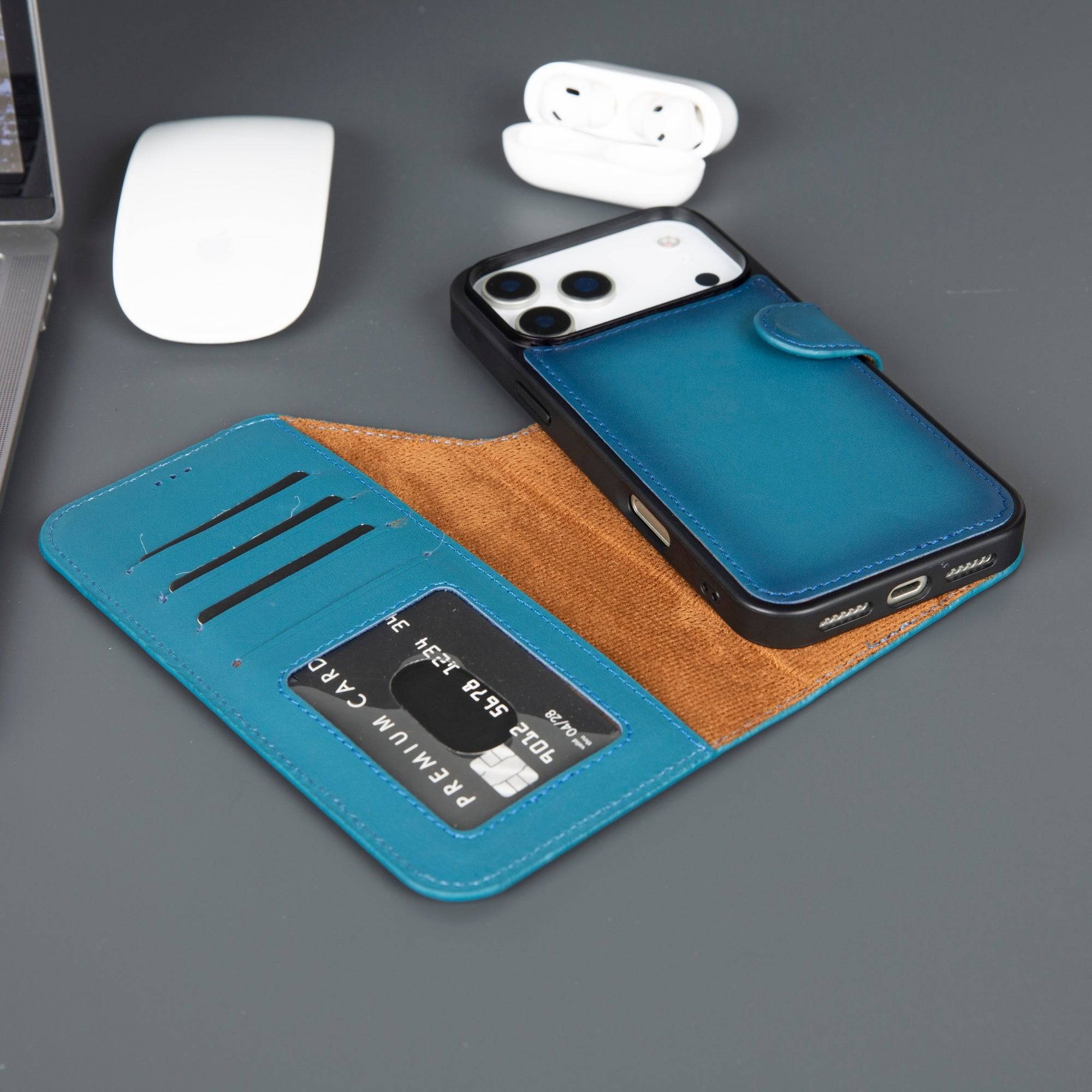Blue TORONATA Casper iPhone 17 Pro Max leather wallet case with MagSafe compatibility, featuring card slots and sleek design.