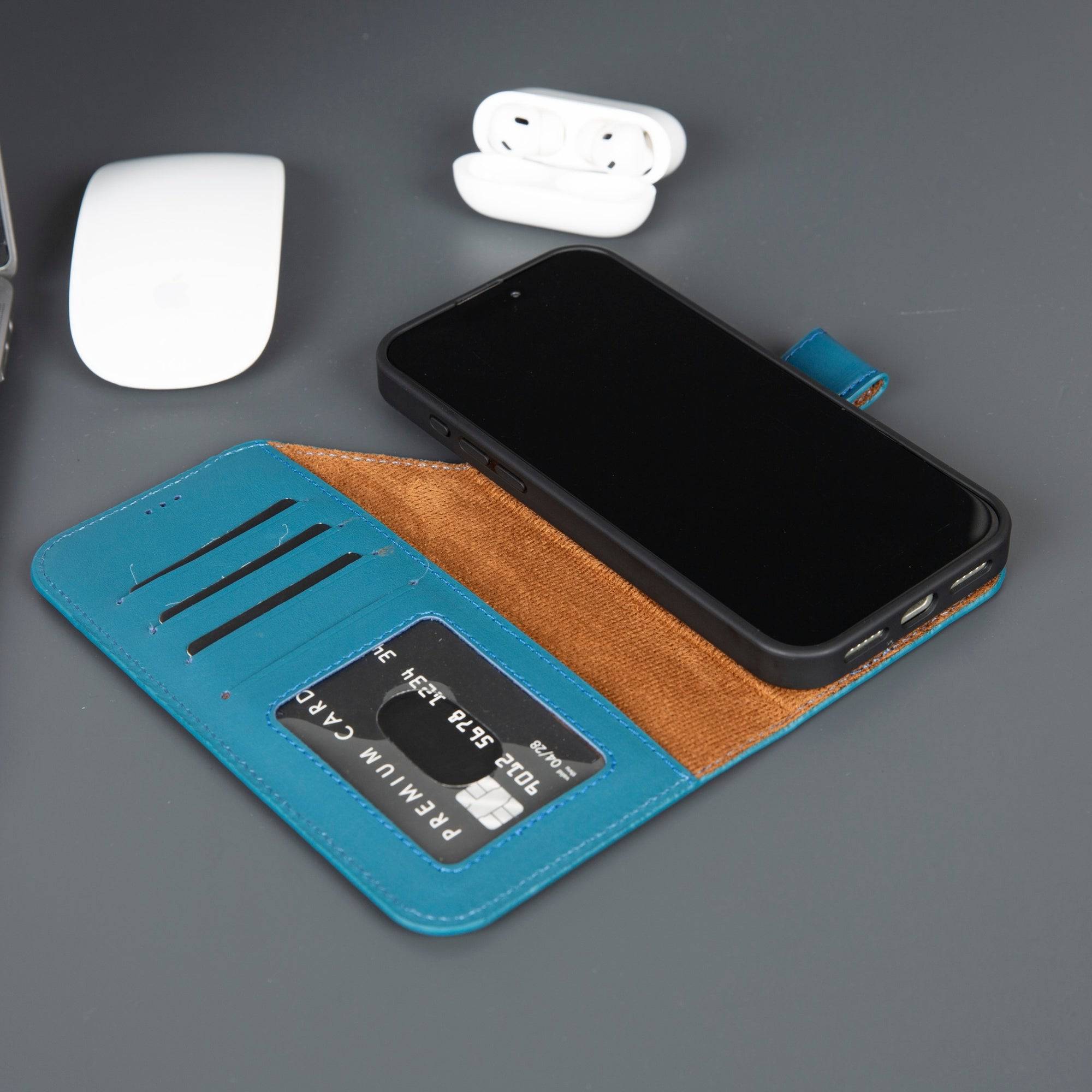 Blue leather wallet case for iPhone 17 Pro Max by TORONATA, MagSafe compatible, with card slots and secure fit.