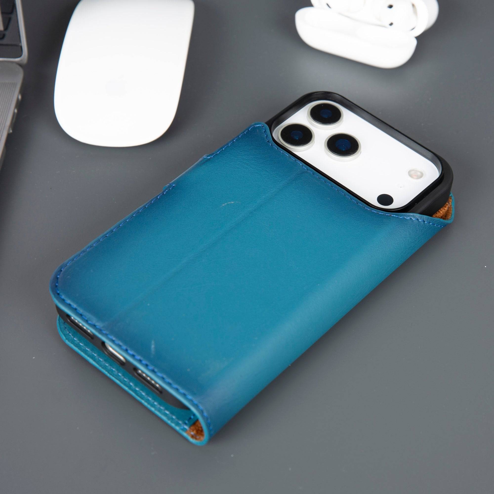 Blue TORONATA Casper iPhone 17 Pro Max leather wallet case with MagSafe compatibility, featuring card slots and sleek design.