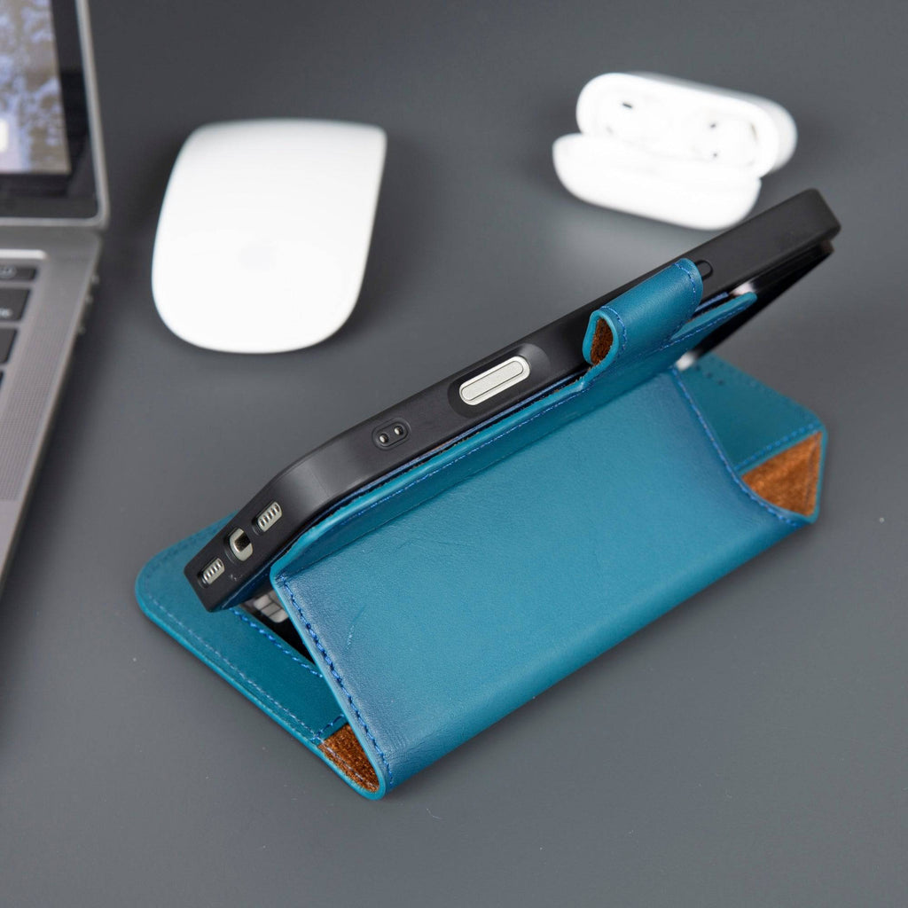 Blue TORONATA Casper iPhone 17 Pro Max leather wallet case with MagSafe compatibility, featuring a sleek design and card slots.