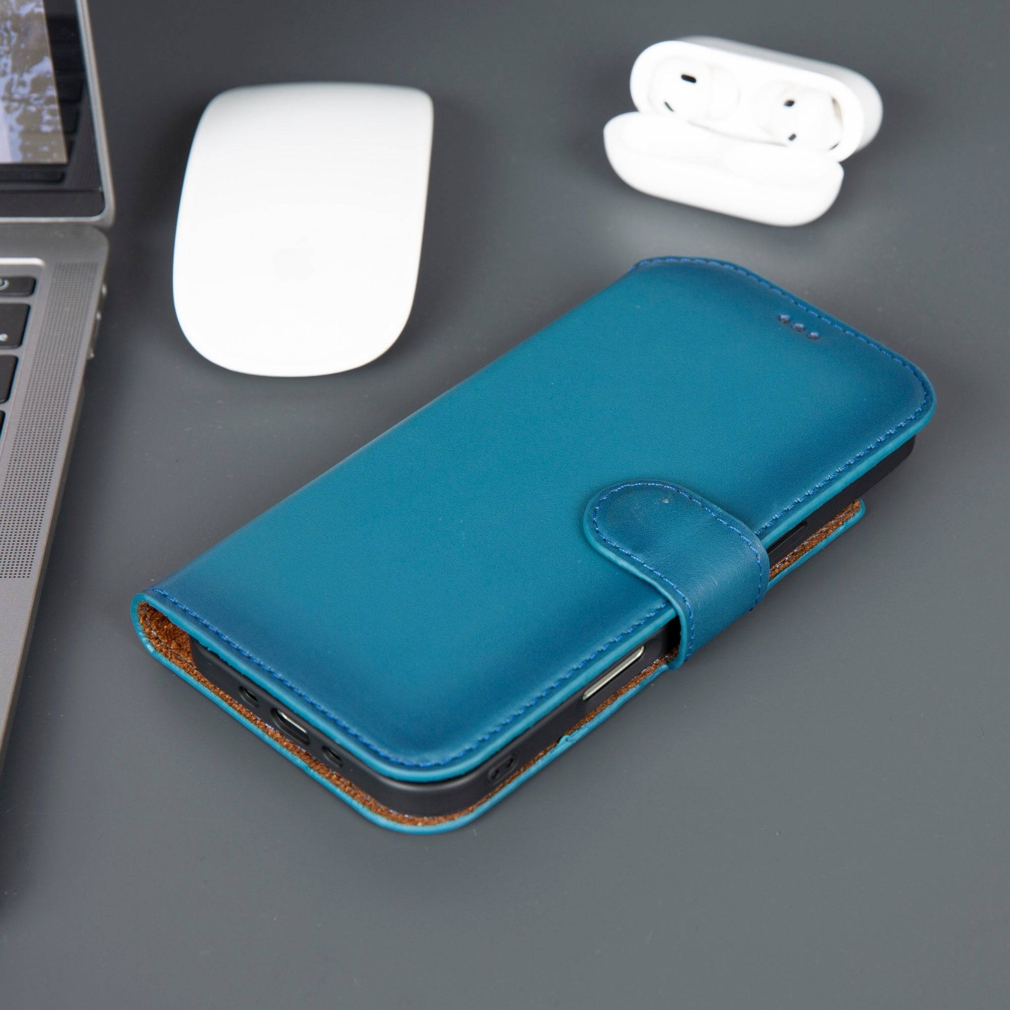 Blue Casper iPhone 17 Pro Max leather wallet case by TORONATA with MagSafe compatibility, featuring card slots and a sleek design.