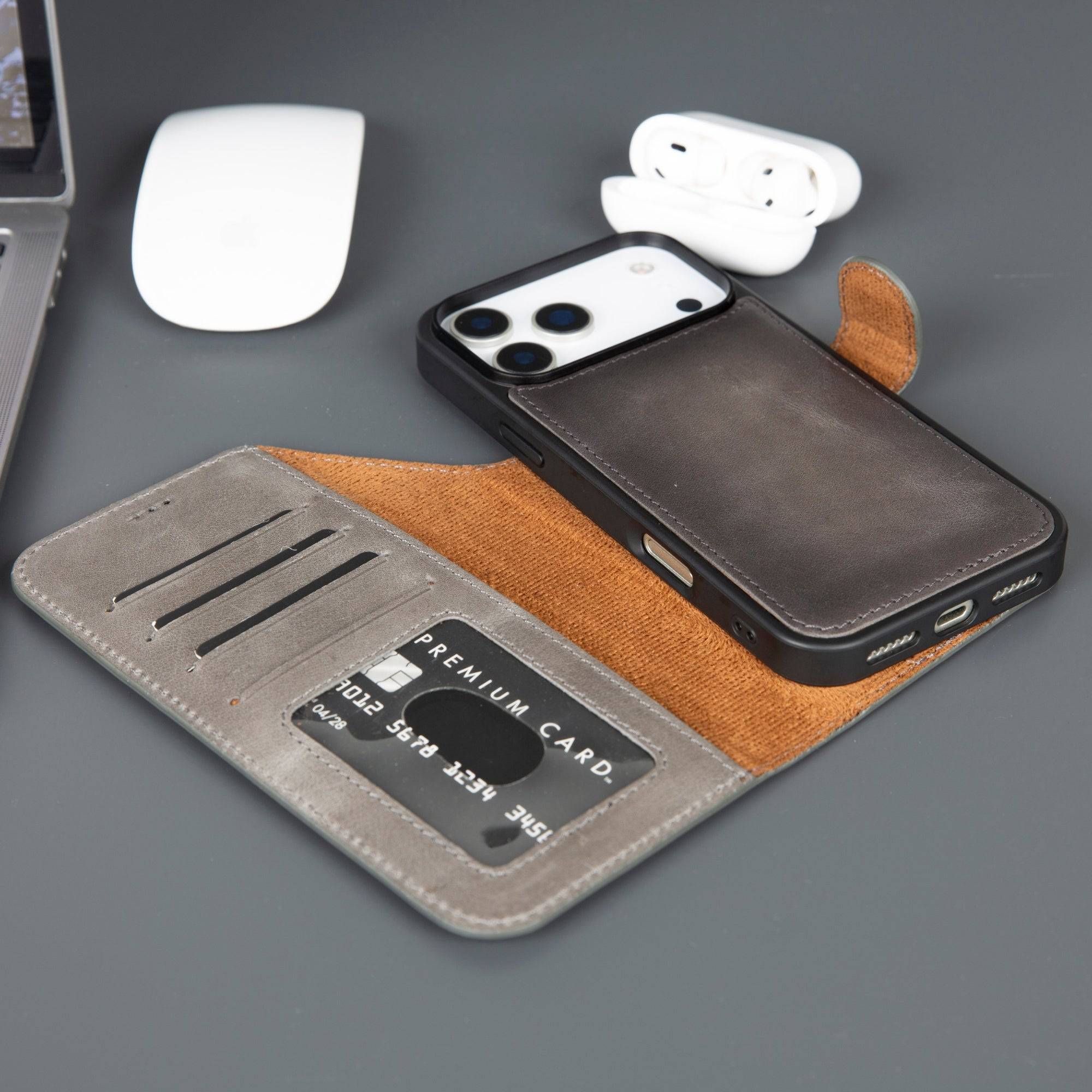 TORONATA Casper iPhone 17 Pro Max leather wallet case in grey with MagSafe compatibility, featuring card slots and protective design.