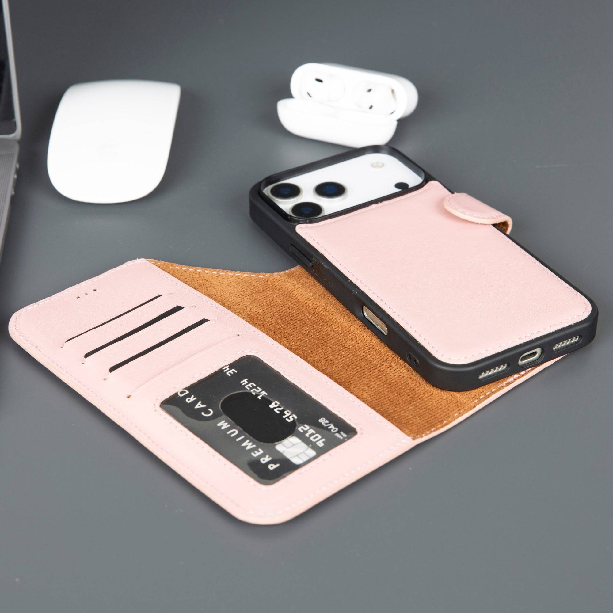 Pink Casper iPhone 17 Pro Max leather wallet case by TORONATA with MagSafe compatibility, featuring card slots and sleek design.