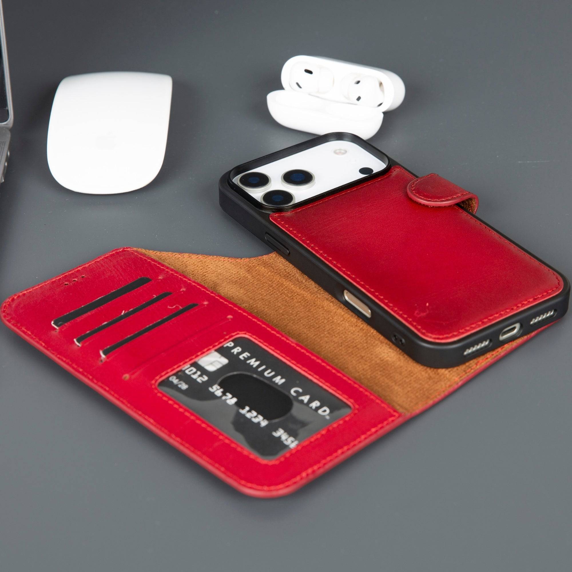 TORONATA Casper iPhone 17 Pro Max leather wallet case in red, MagSafe compatible, with card slots and secure fit.