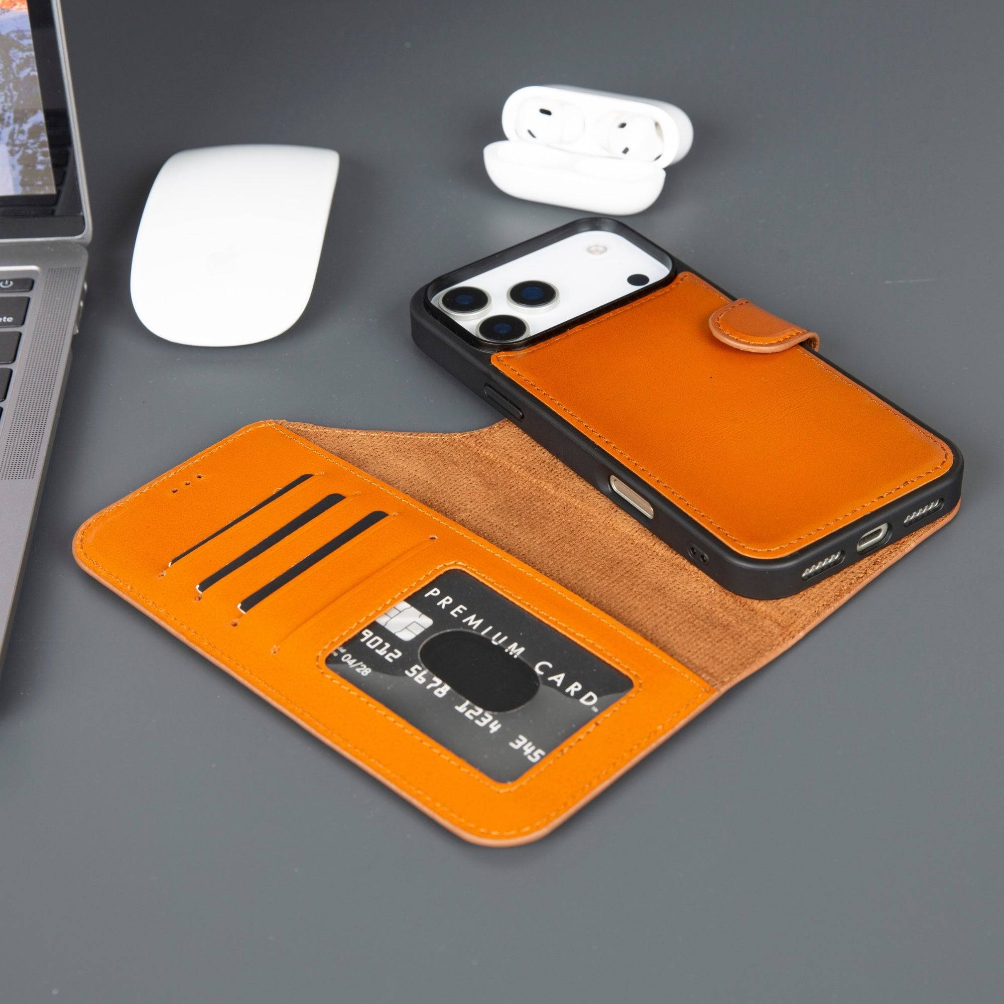TORONATA Casper iPhone 17 Pro Max leather wallet case in tan with MagSafe compatibility, offering protection and style for your phone.