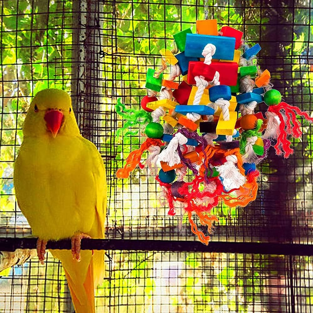 Bird Chewing Toy for Small & Medium Parrots, Wood Blocks & Rope