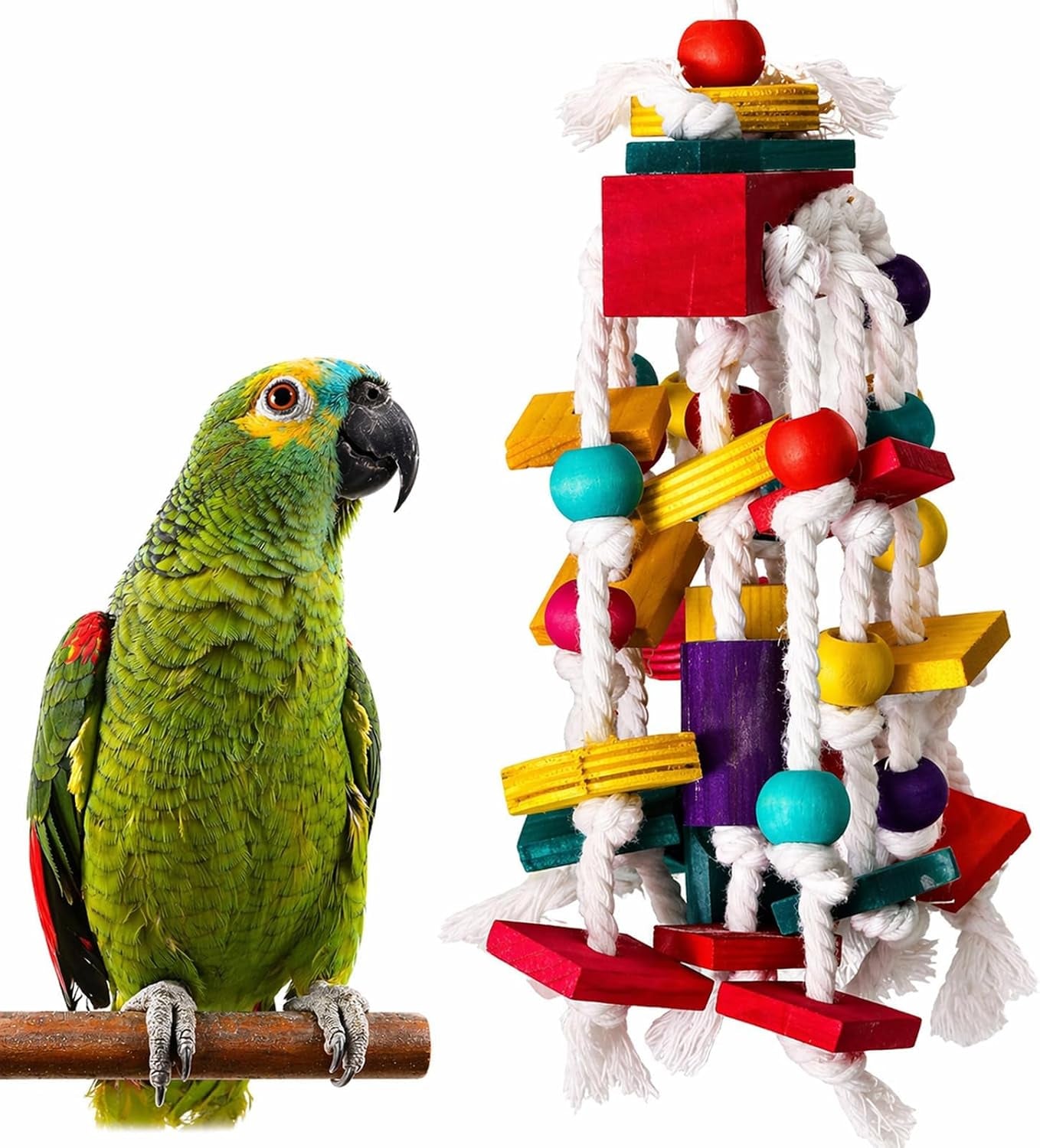 Bird Chewing Toy for Small & Medium Parrots, Wood Blocks & Rope