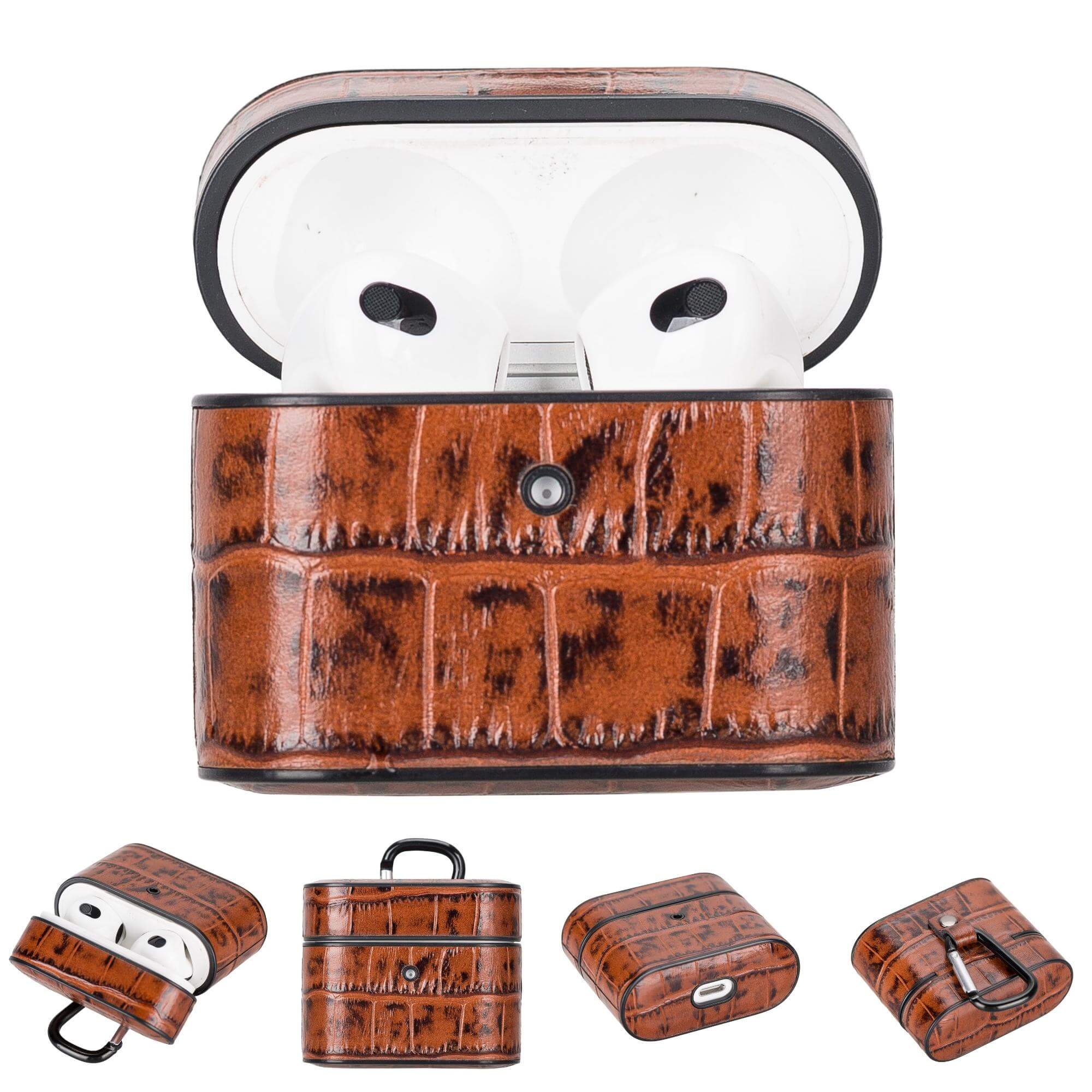 TORONATA Laramie Leather Case for Apple AirPods 3, brown protective case with smooth leather finish and precise cutouts.