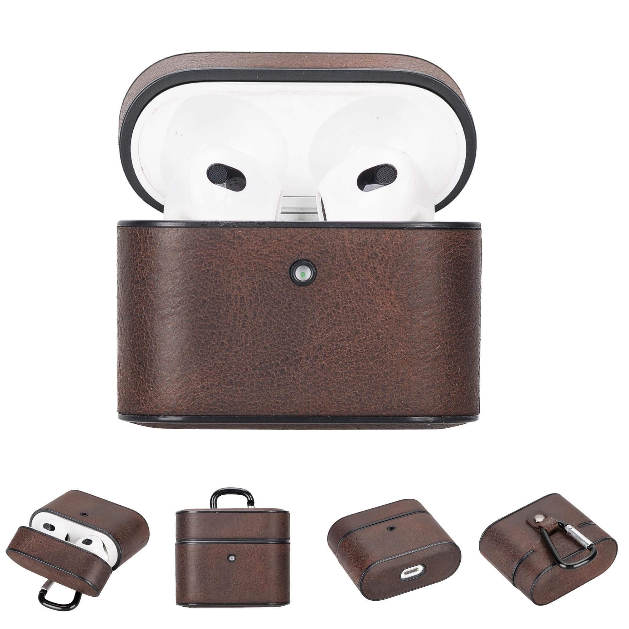 Laramie leather case for Apple AirPods 3 by TORONATA, showing a sleek brown leather exterior and precise cutouts for charging.