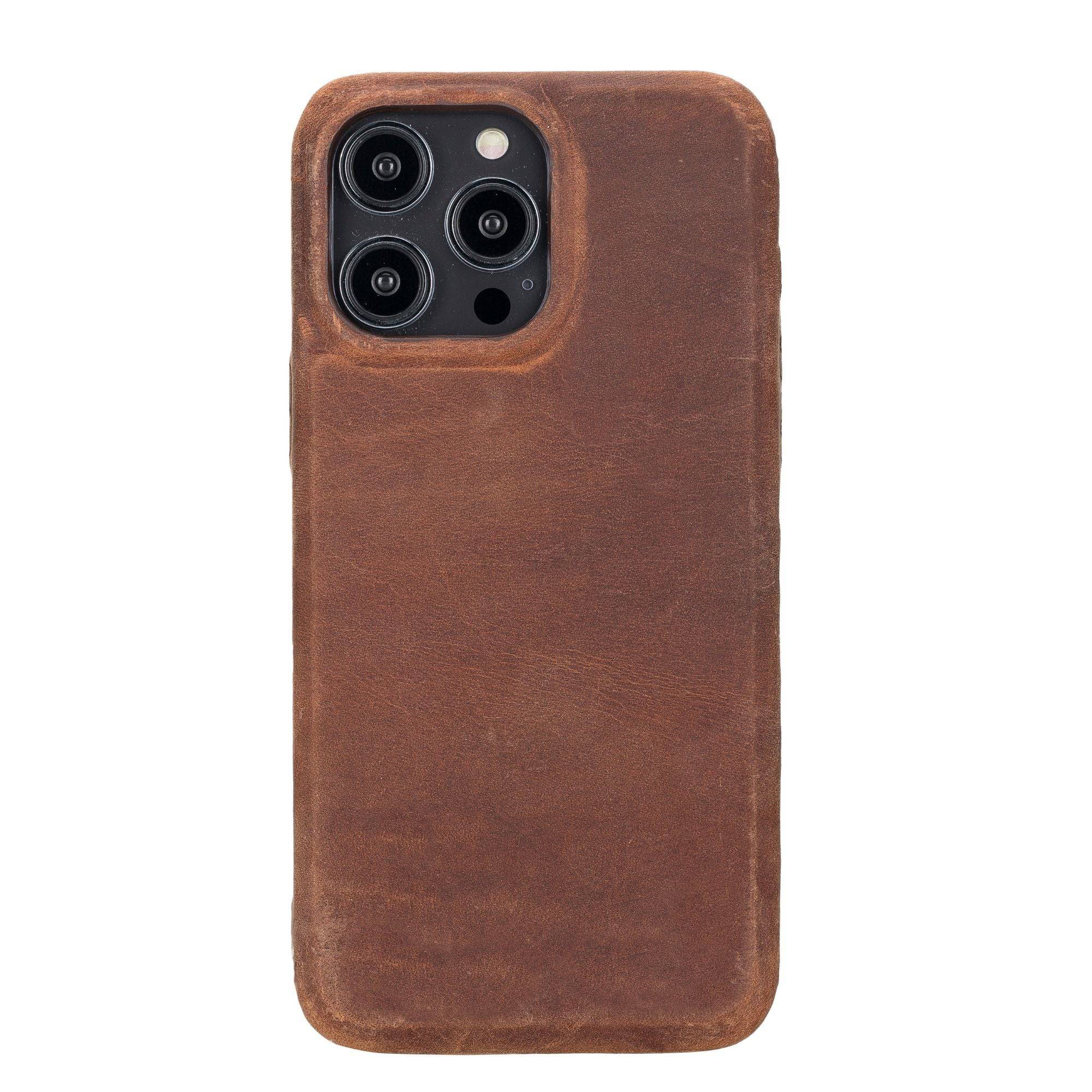 TORONATA Pinedale leather snap-on case for iPhone 13 series, with a sleek brown leather finish and precise cutouts.