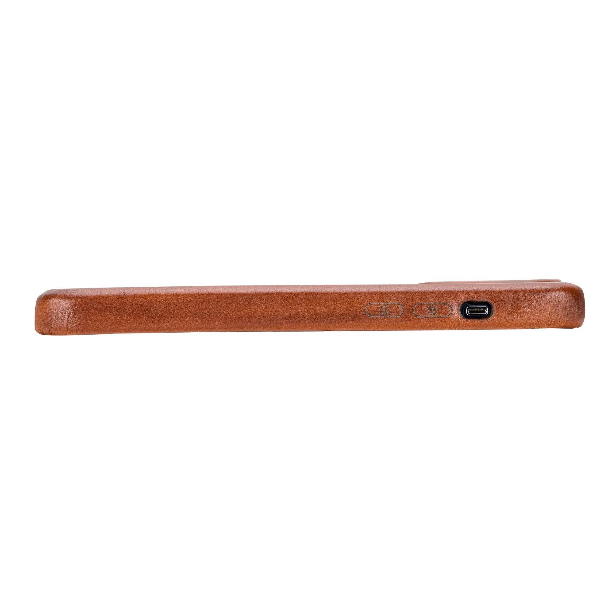 TORONATA Pinedale leather snap-on case for iPhone 13 series, showcasing durable brown leather with precise cutouts for buttons and camera.