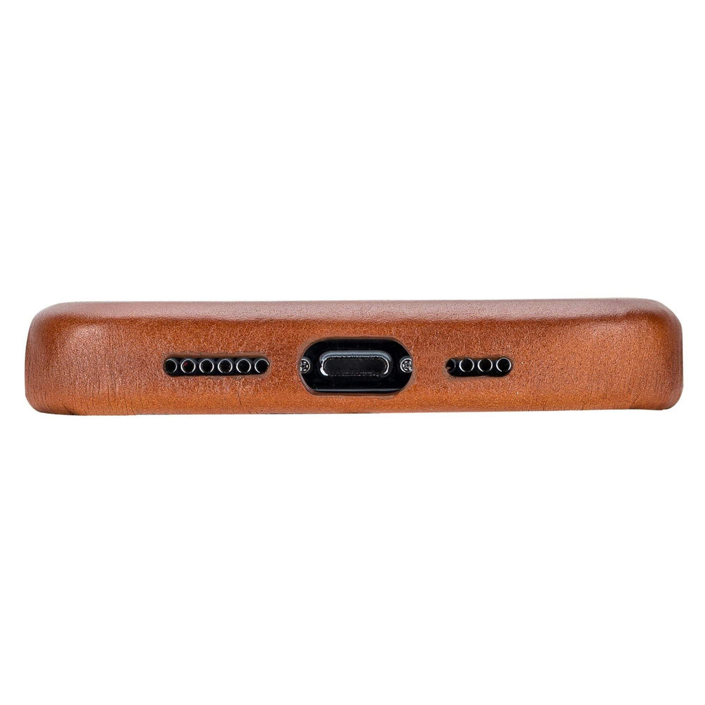 Leather snap-on case for iPhone 13 series by TORONATA, featuring a sleek design and precise cutouts for buttons and camera.