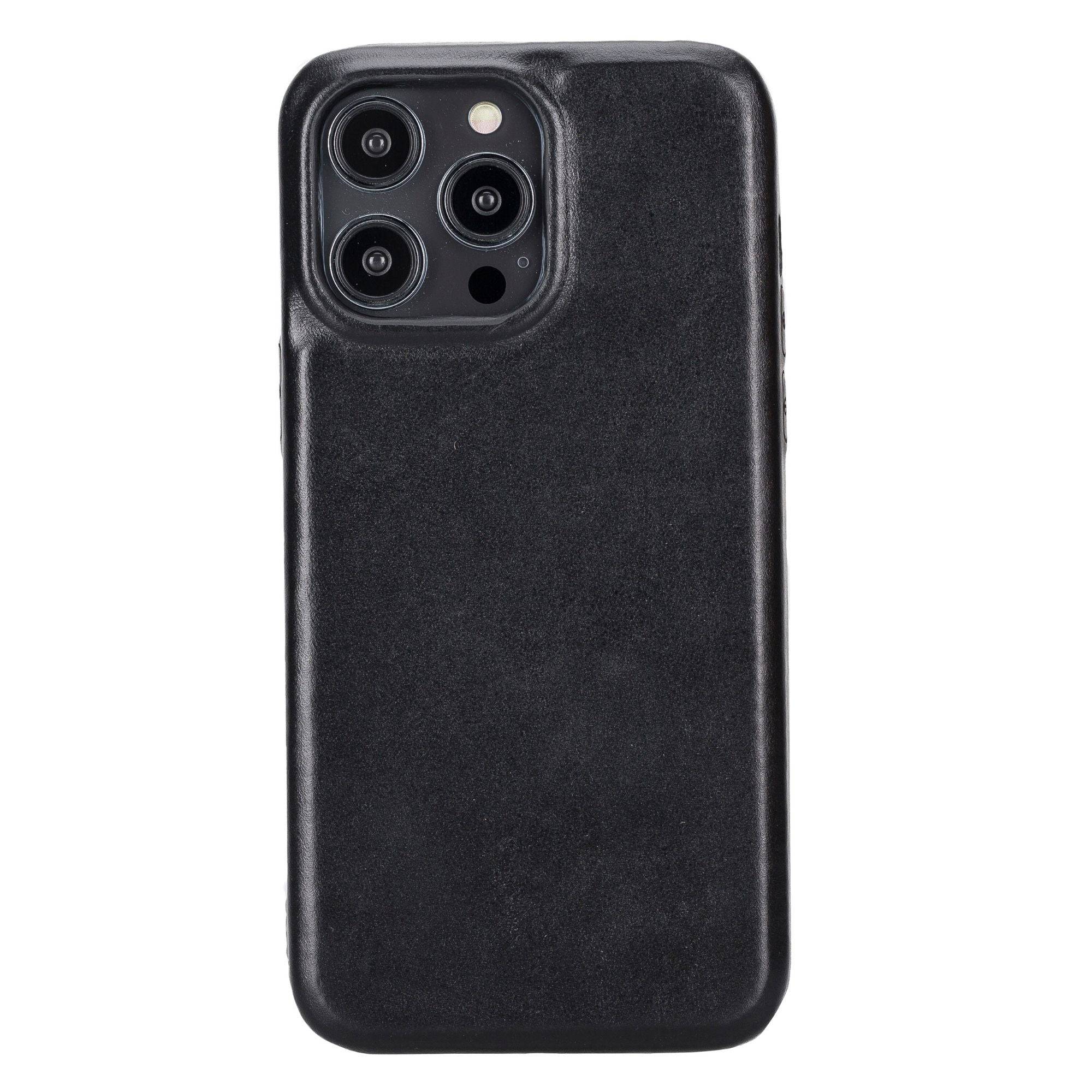 TORONATA Pinedale leather snap-on case for iPhone 13 series, showing a brown leather exterior and secure snap closure.