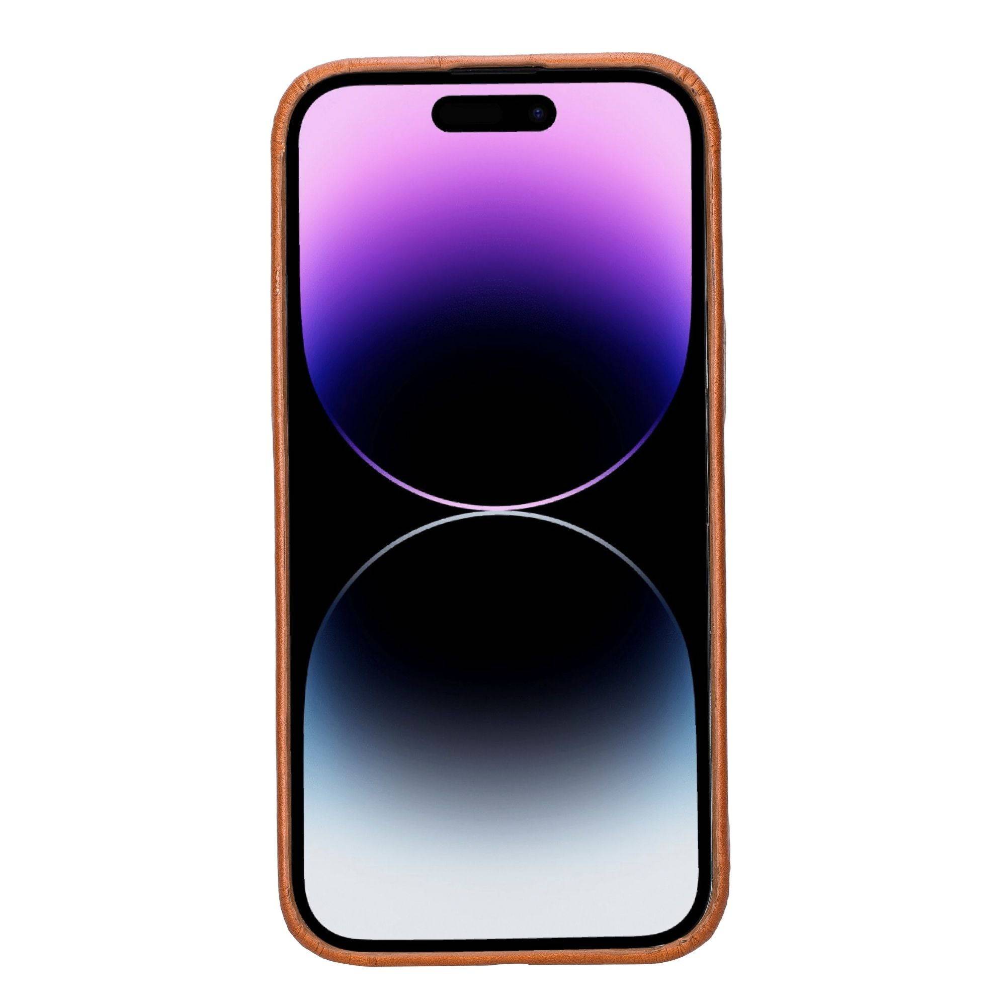 TORONATA Pinedale leather snap-on case for iPhone 13 series, featuring a sleek brown leather design and precise cutouts.