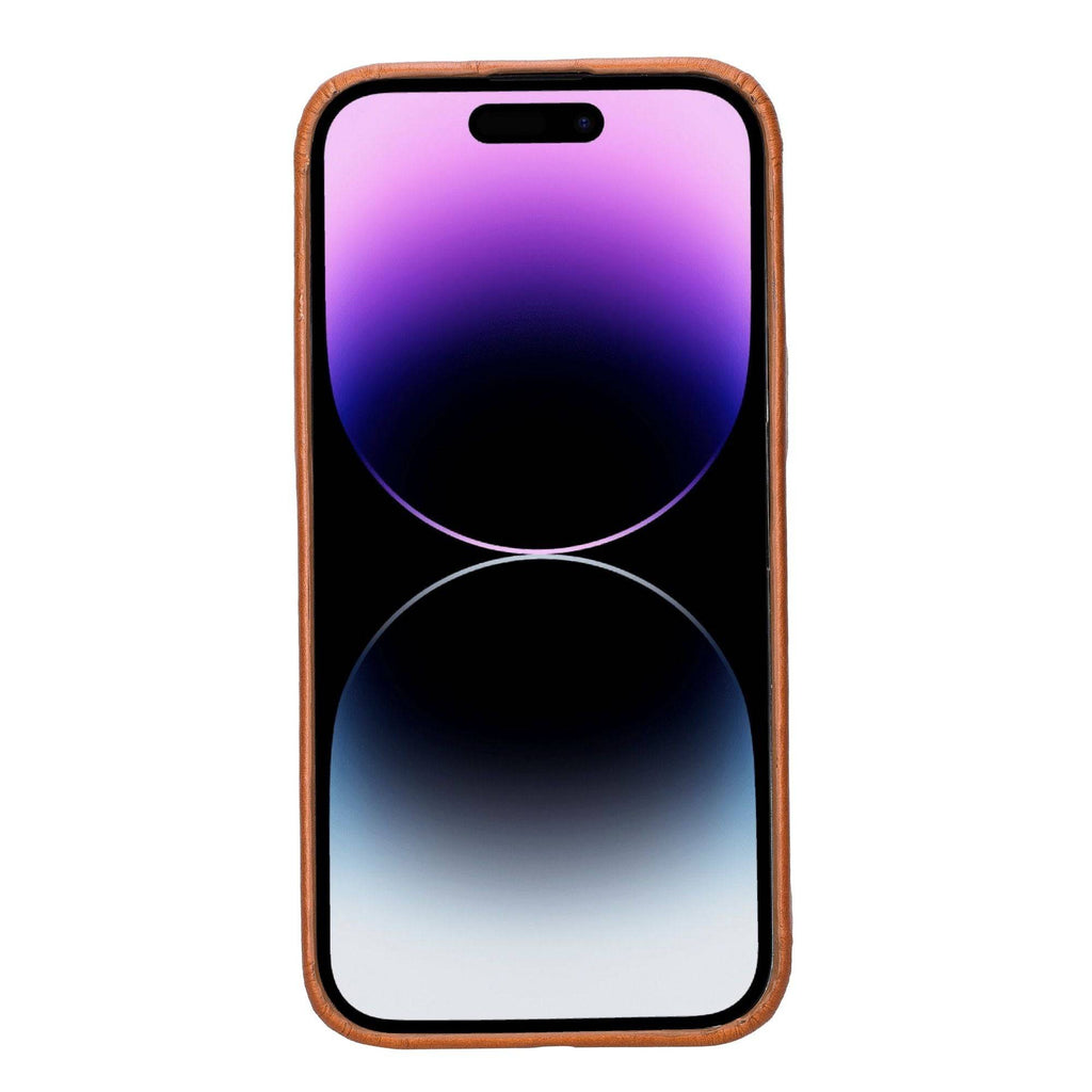 TORONATA Pinedale Leather Snap-on Case for iPhone 13 Series, stylish brown leather phone case with secure snap closure.