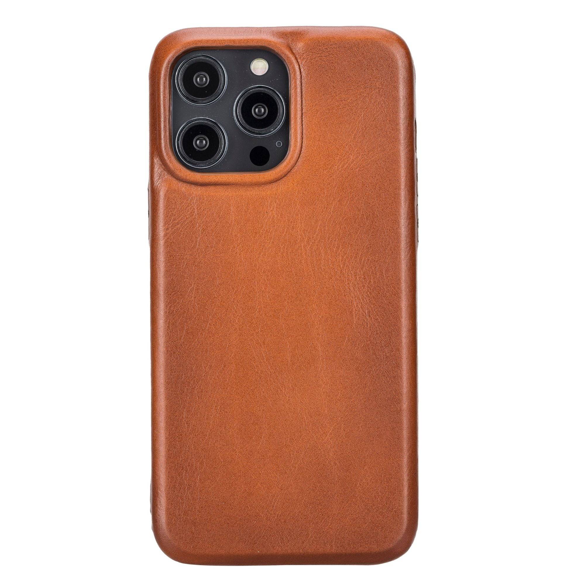 TORONATA Pinedale Leather Snap-on Case for iPhone 13 Series, featuring a sleek brown leather design and precise cutouts for access.