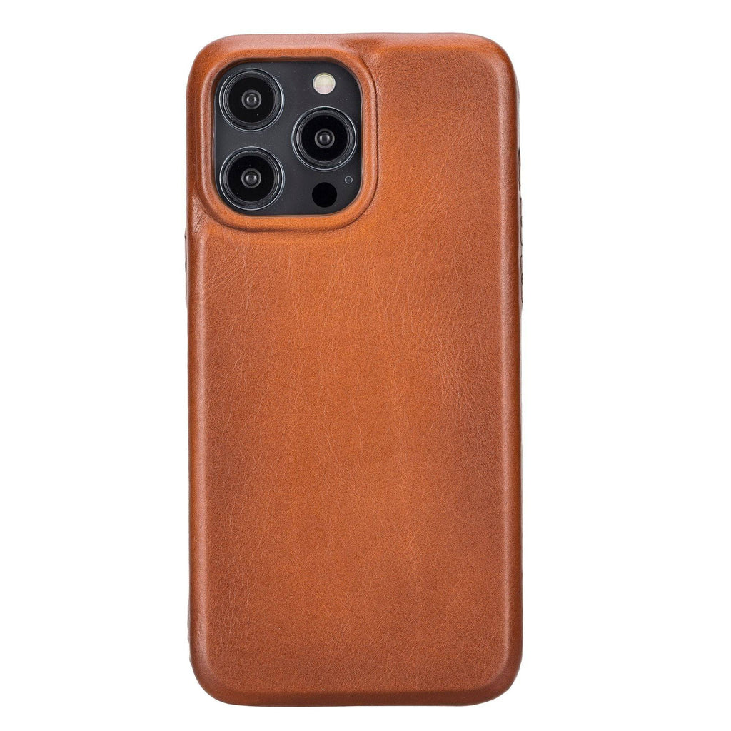 TORONATA Pinedale Leather Snap-on Case for iPhone 13, featuring a brown leather exterior and precise cutouts for easy access.