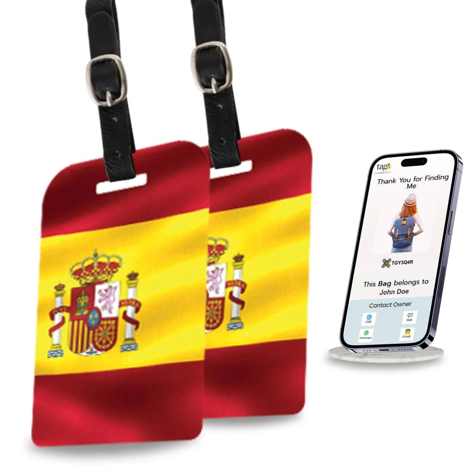 Pair of Smart Bag Security Tags with Spain flag design from Global Lost Recovery Service, includes QR code for tracking.
