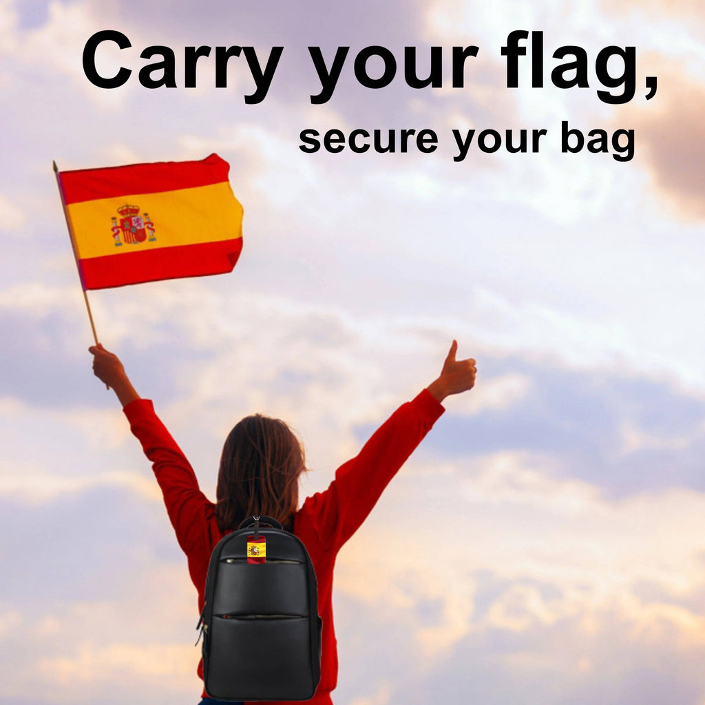 Smart Bag Security Tag with Spain flag design by Global Lost Recovery Service, shown attached to a luggage bag.