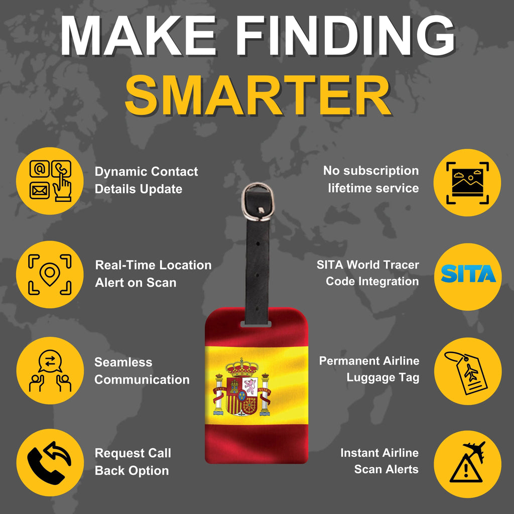 Spain flag Smart Bag Security Tag by Global Lost Recovery Service, includes QR code for airport security and baggage tracking.