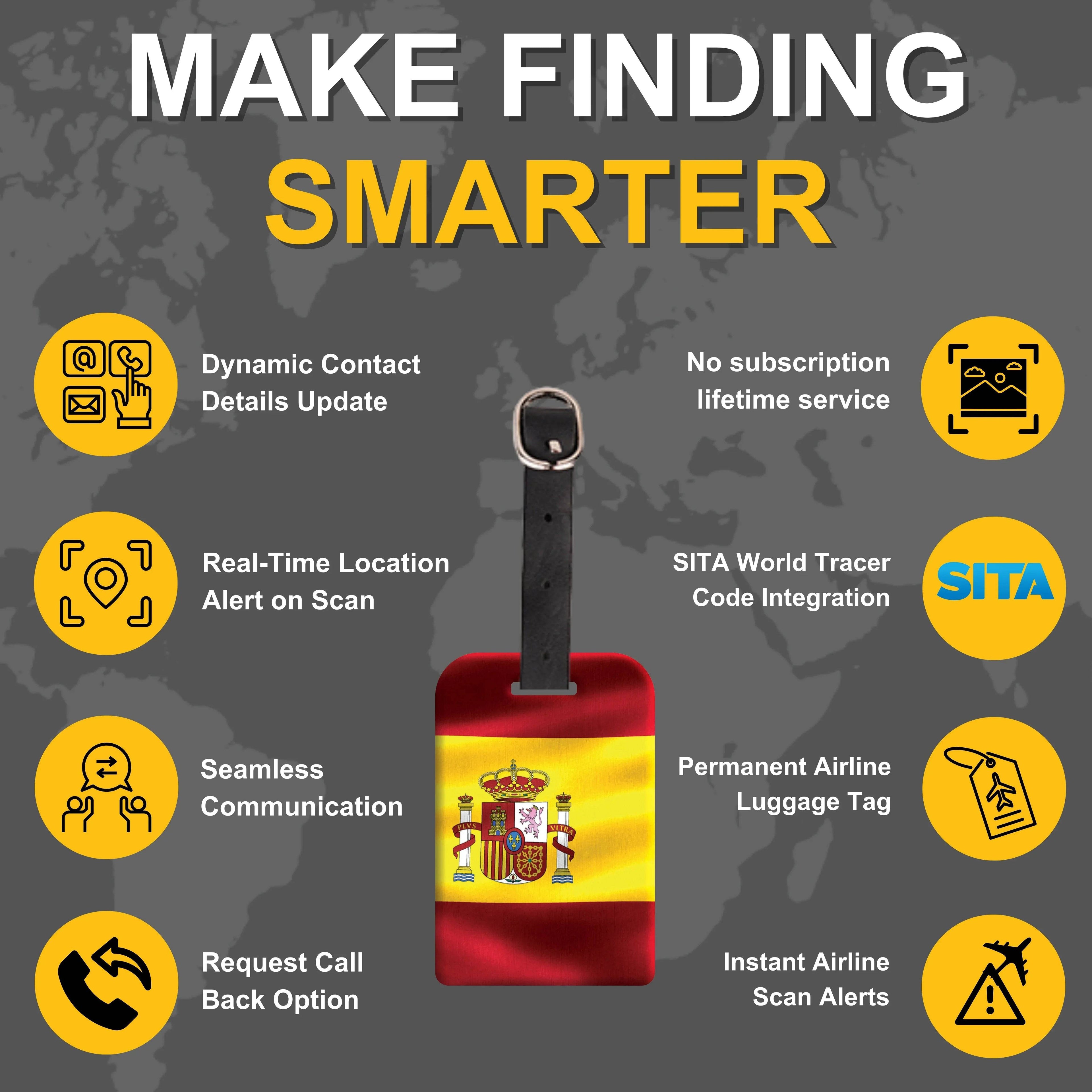 Spain flag Smart Bag Security Tag by Global Lost Recovery Service, includes QR code for airport security and baggage tracking.