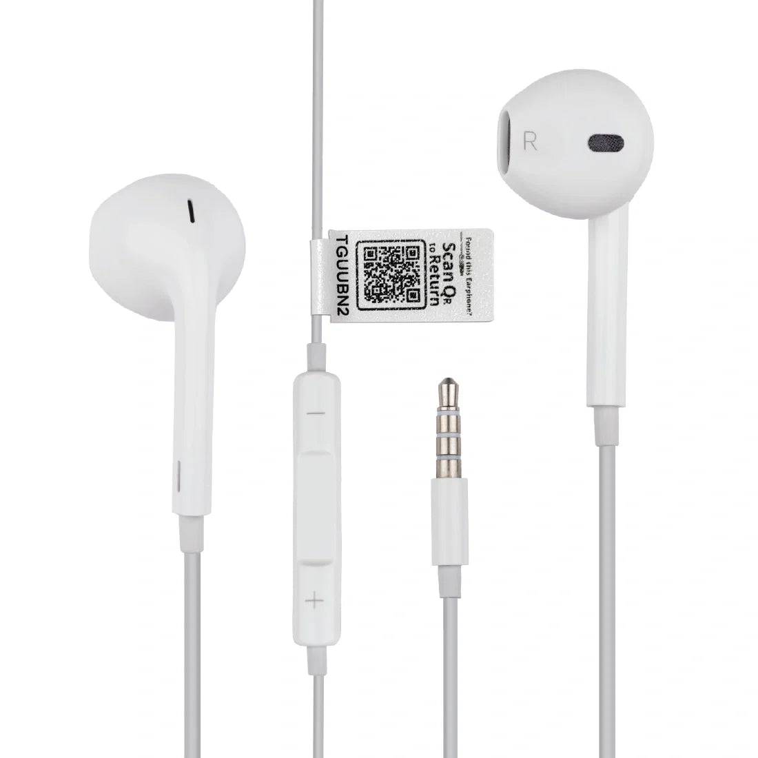 Loss Recovery Find My Phone earphones with QR code tag for easy tracking and recovery, close-up image showing product and tag.