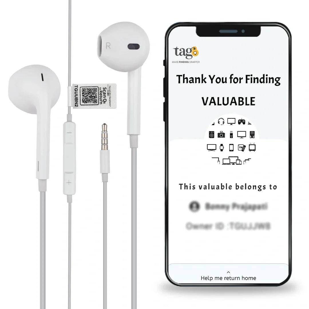 Loss Recovery Find My Phone earphones with QR code tag for easy recovery and tracking.