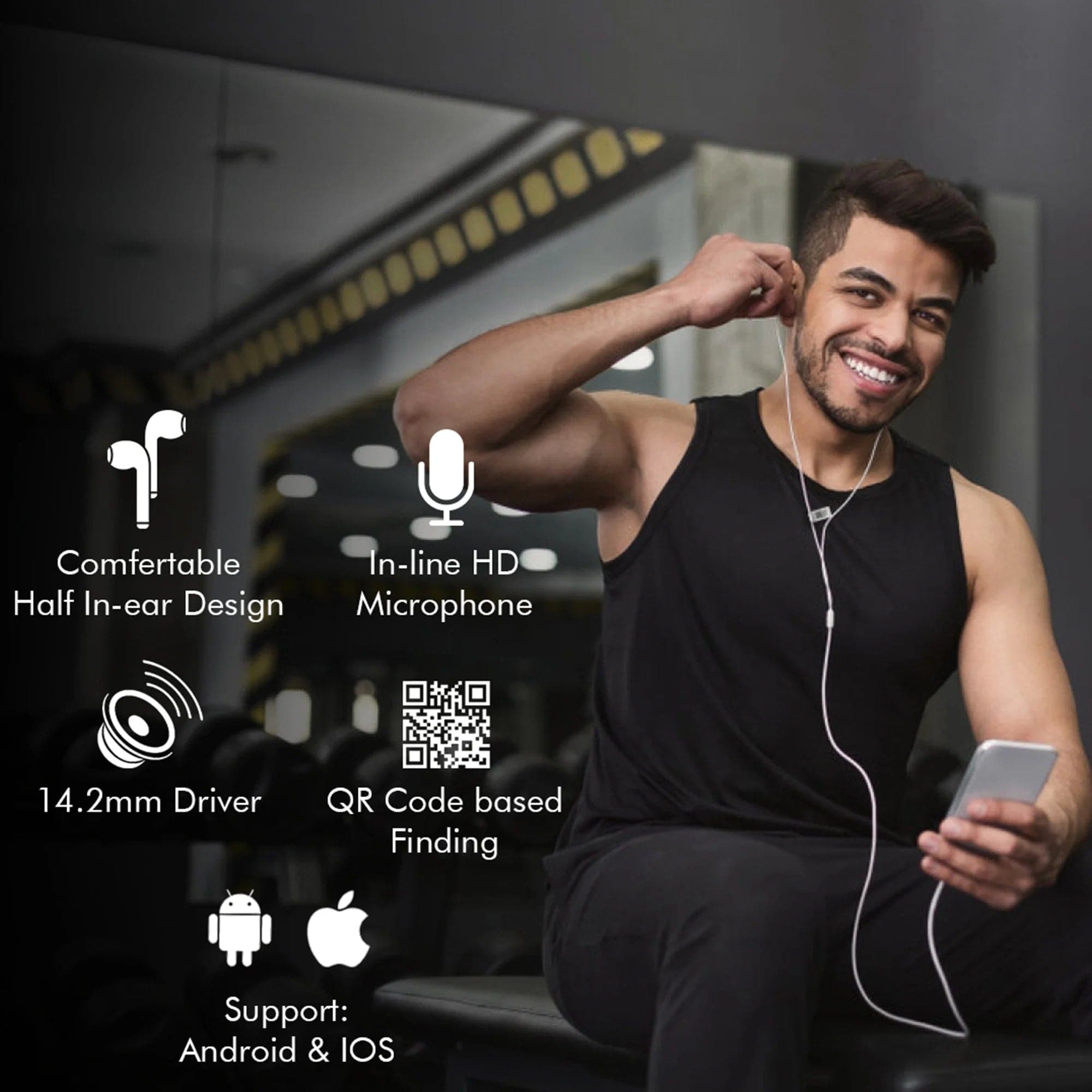Loss Recovery Find My Phone earphones with QR code tag for easy tracking and recovery. Compact and stylish design.