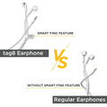 Loss Recovery Find My Phone earphones with QR code tag for easy tracking and recovery, shown on a white background.
