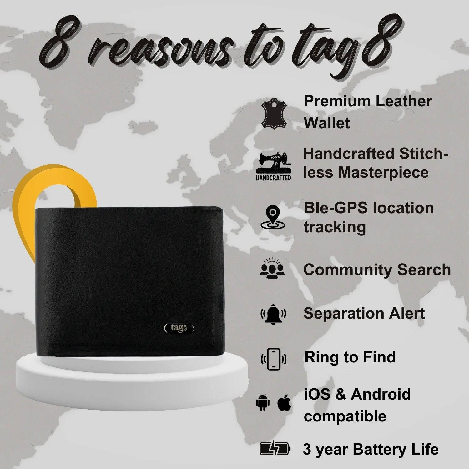 Stitchless Dolphin Tracker RFID smart wallet with sleek design and compact size, featuring a tag attached for tracking and recovery.