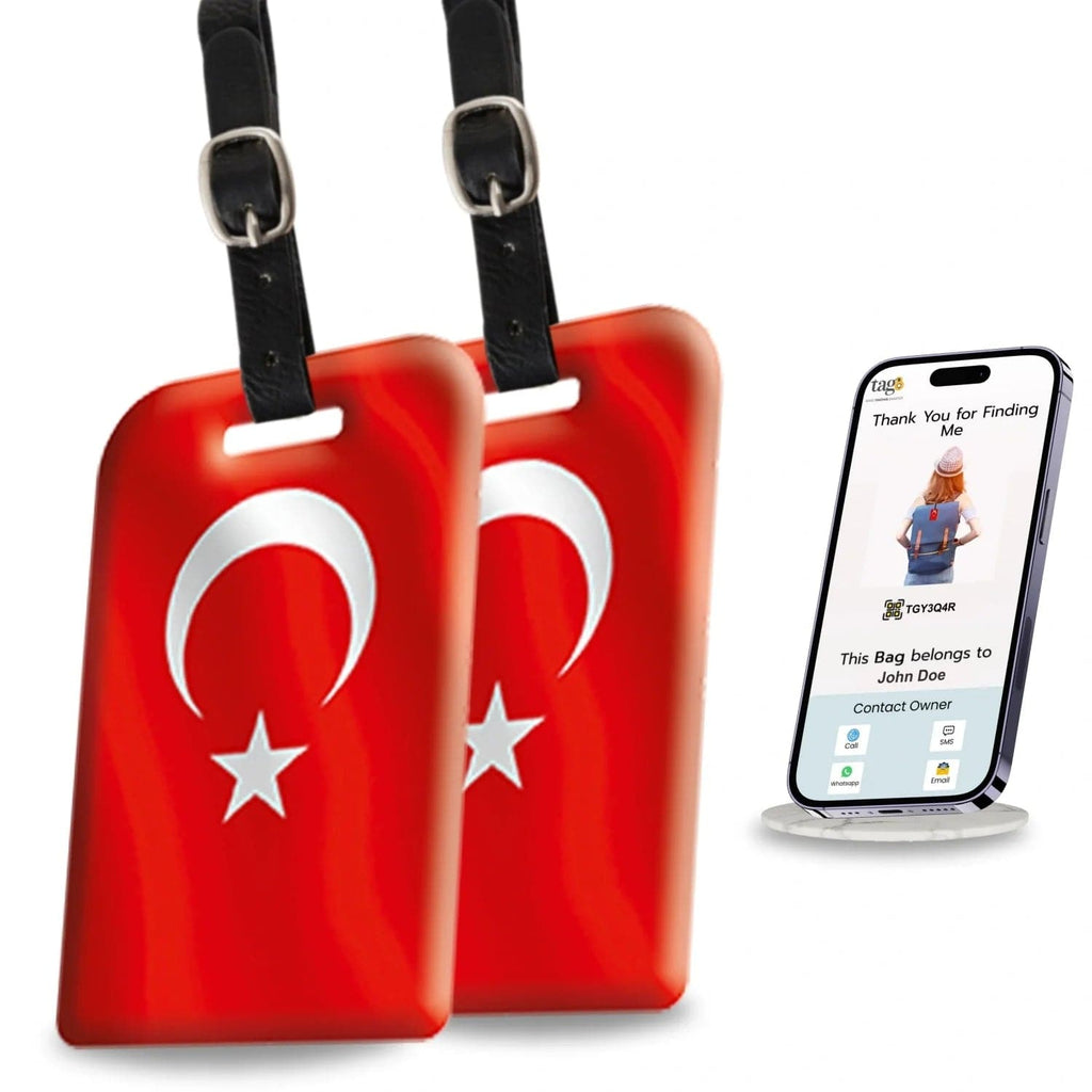 Turkish flag security bag tag by Global Lost Recovery Service, featuring QR code for tracking, pack of two.