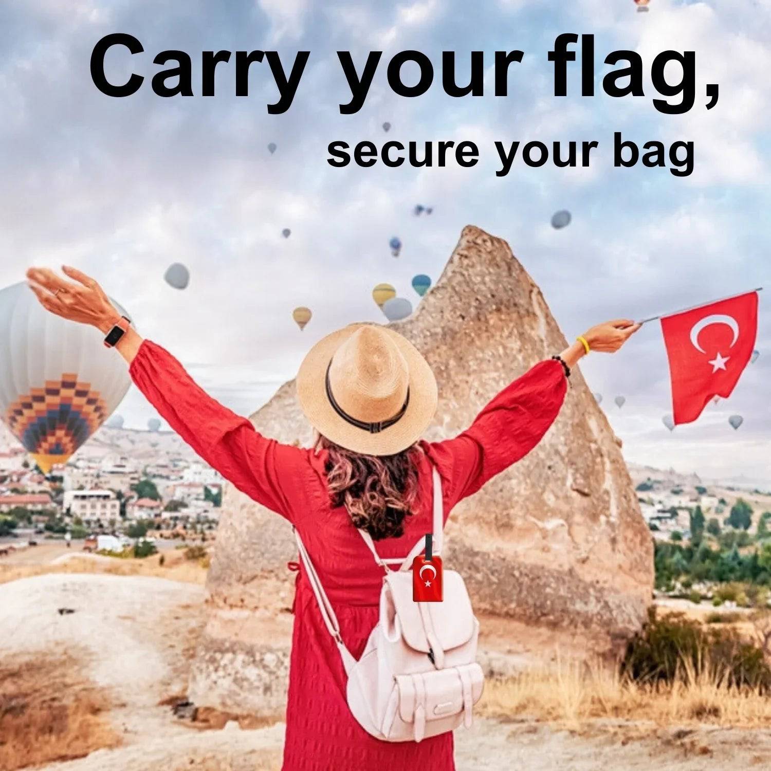 Smart Bag Security Tag with Turkey flag design by Global Lost Recovery Service, shown attached to a luggage bag.