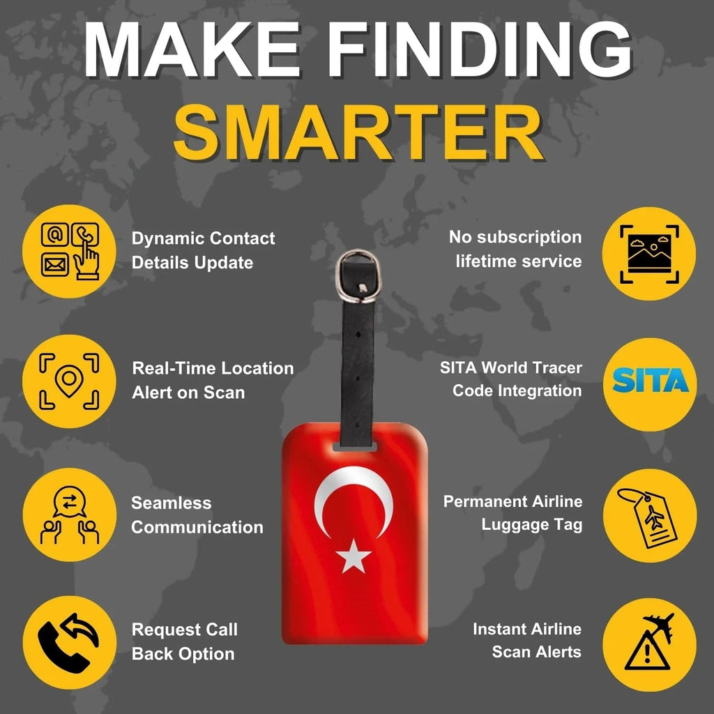 Global Lost Recovery Service Turkey Flag Smart Bag Security Tag with QR code, pack of 2 for airport luggage security.